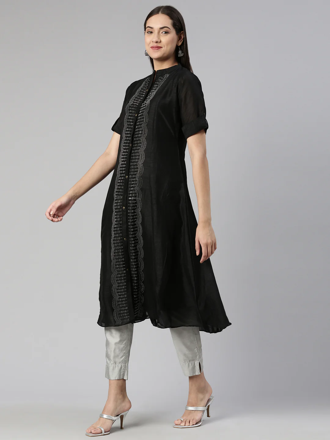 Neerus Black Anarkali Flared Crepe Kurta - Image 2