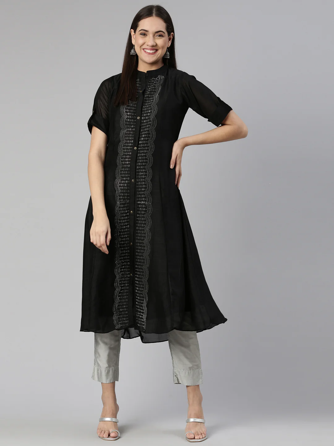 Neerus Black Anarkali Flared Crepe Kurta - Image 7
