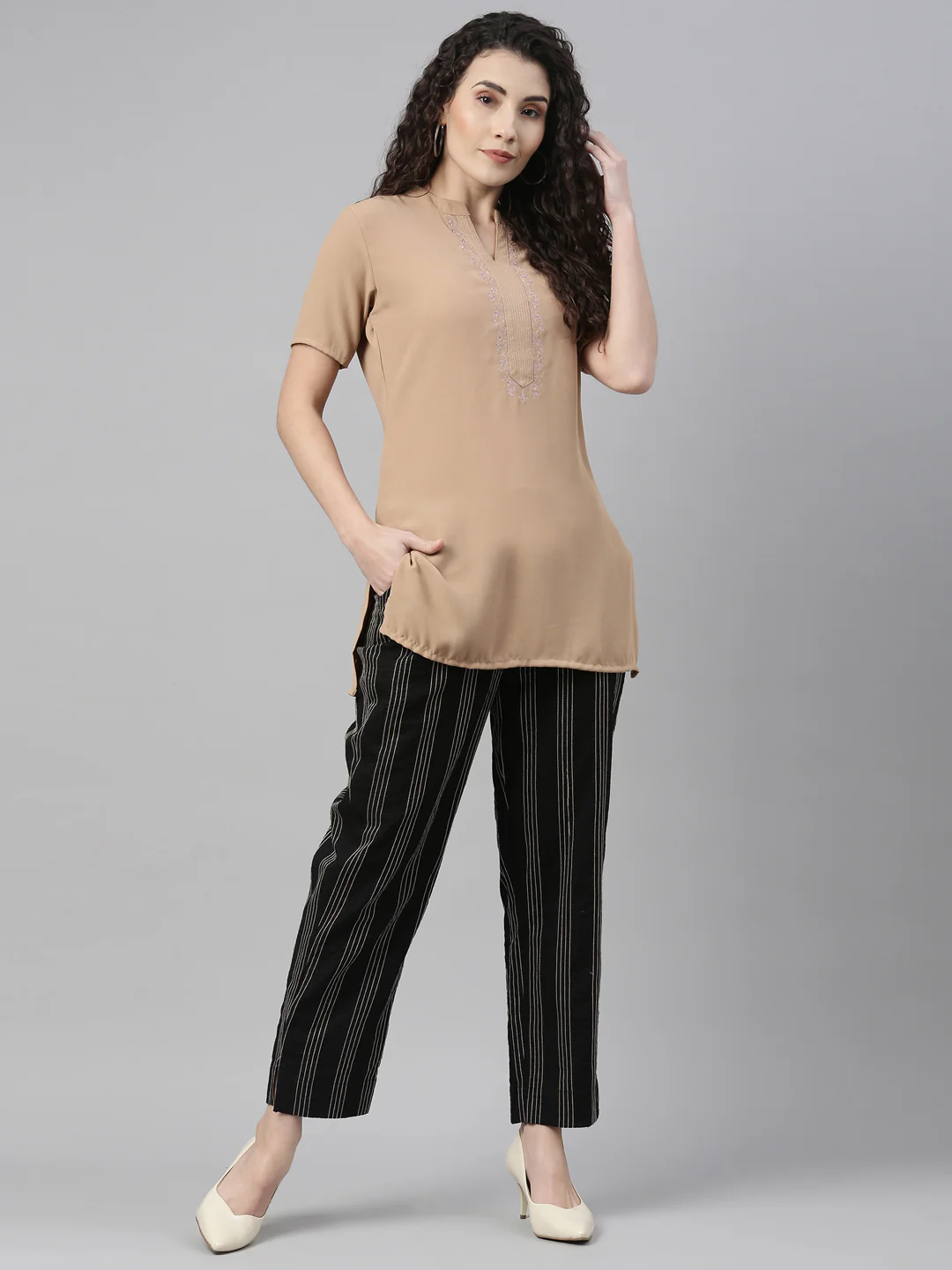 Neerus Black Beige Color Cotton Fabric Pants