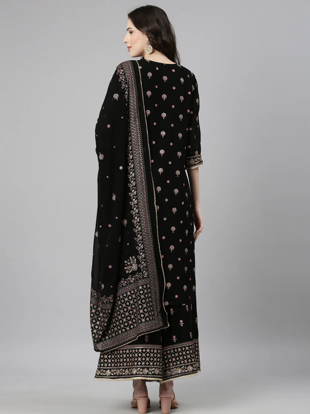 Neerus Black Casual Floral Straight Kurta and Palazzos With Dupatta - Image 4
