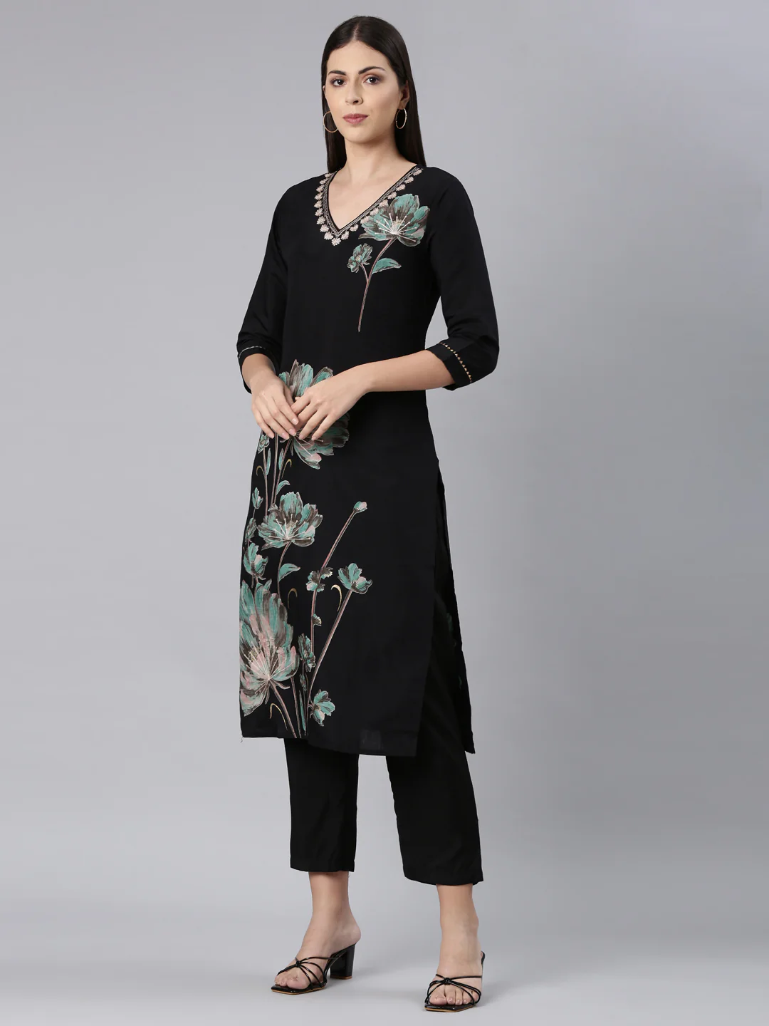 Neerus Black Casual Floral Straight Kurta and Trouser - Image 2