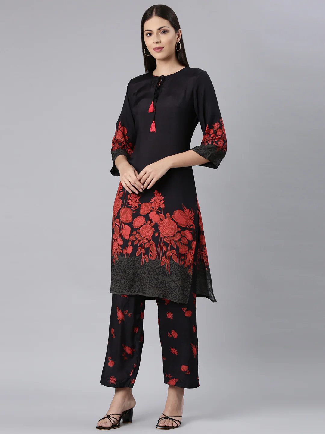 Neerus Black Casual Floral Straight Kurta and Trouser - Image 2