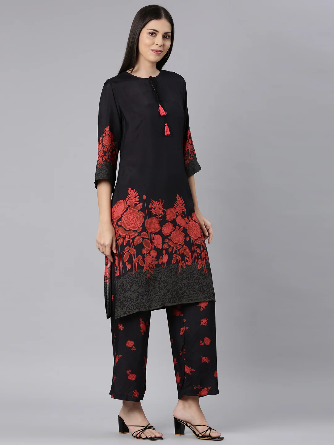 Neerus Black Casual Floral Straight Kurta and Trouser - Image 3