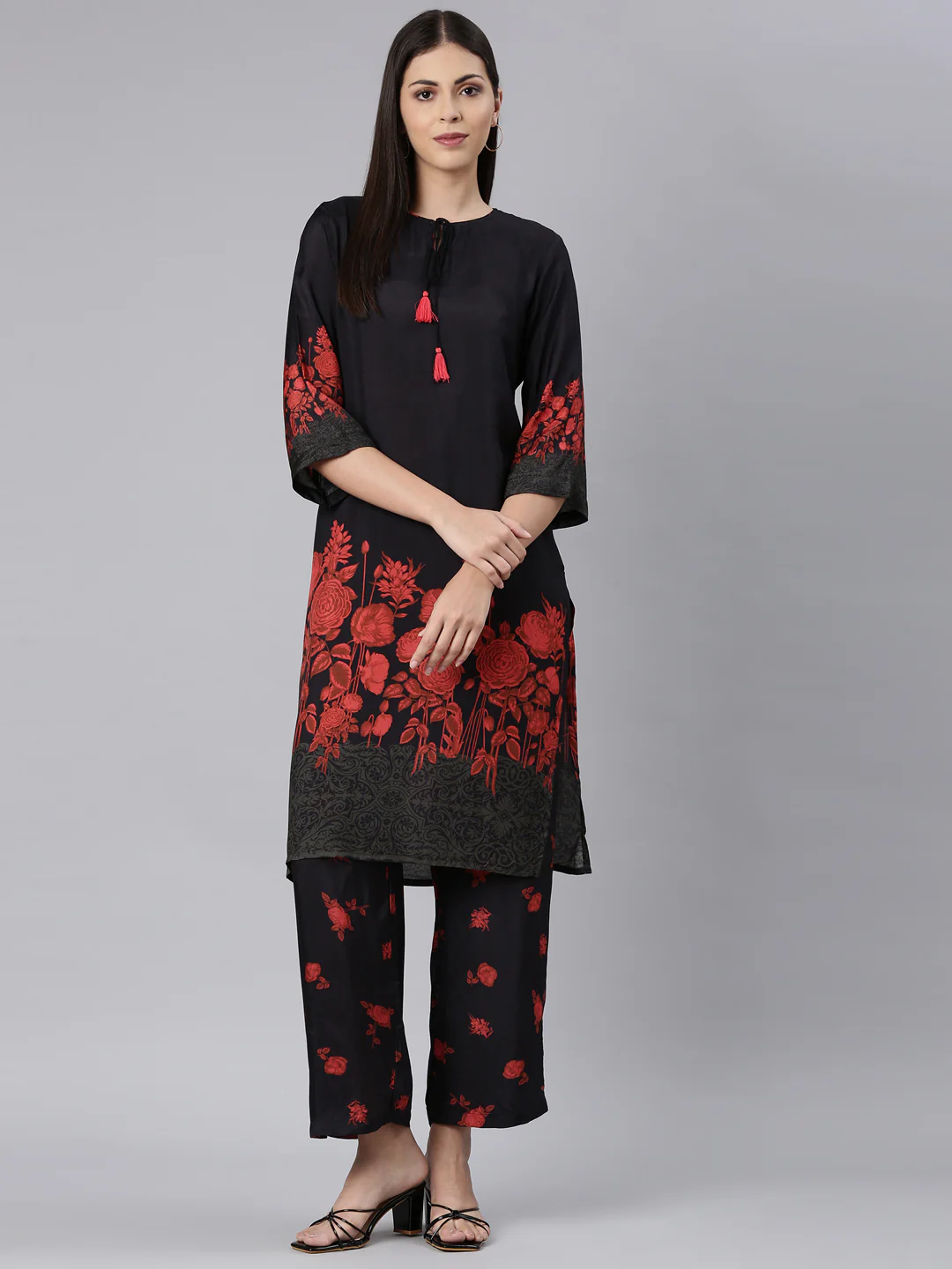 Neerus Black Casual Floral Straight Kurta and Trouser - Image 6