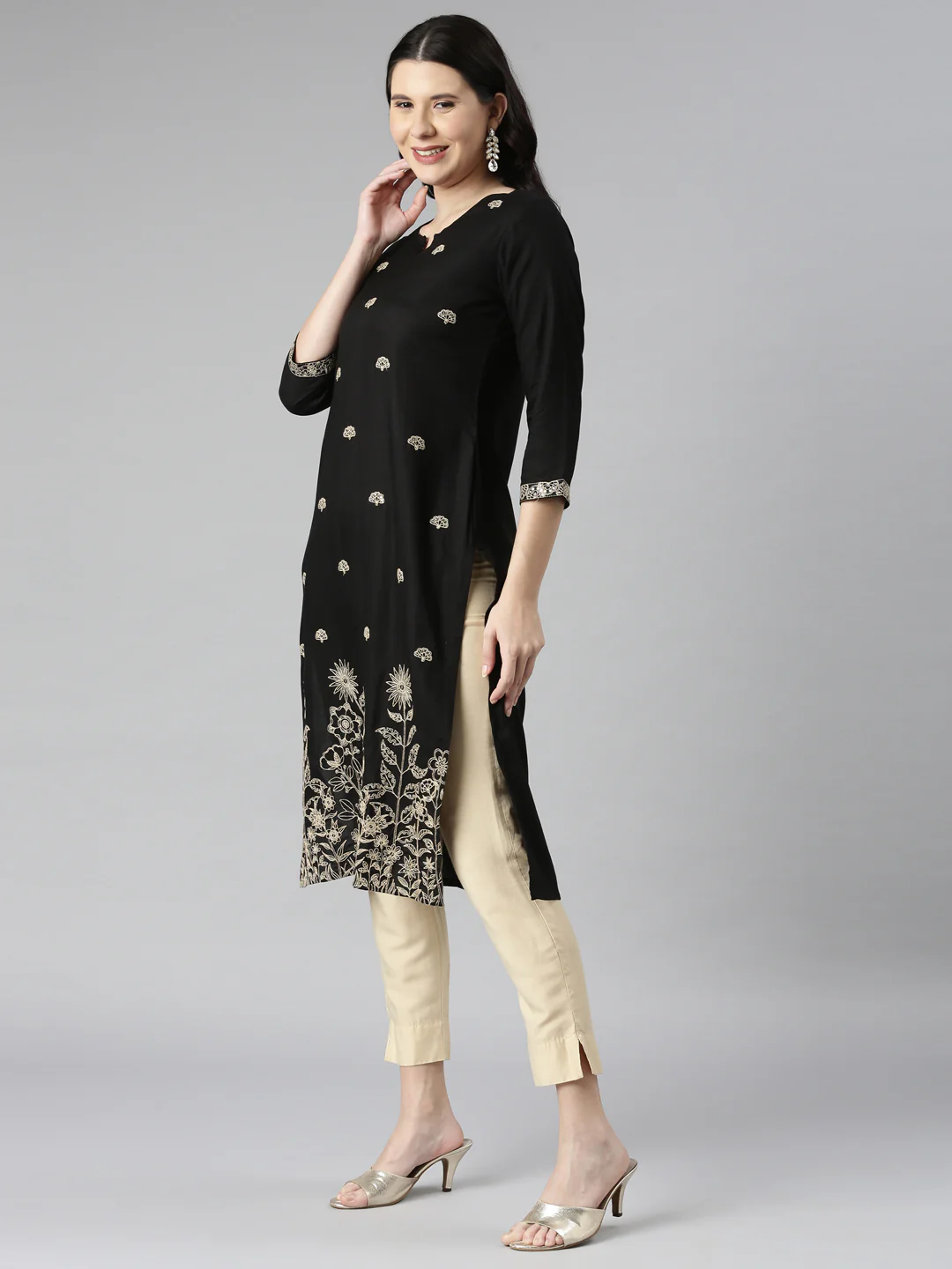 Neerus Black Casual Solid Straight Kurta - Image 2