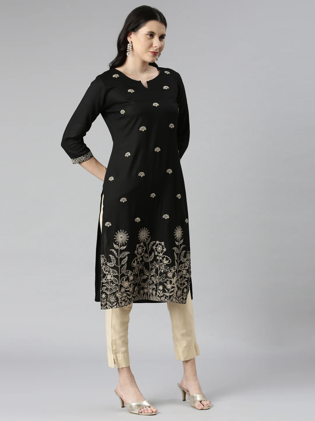 Neerus Black Casual Solid Straight Kurta - Image 3