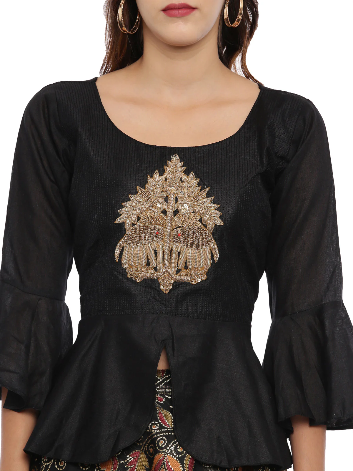 Neerus Black Color Chanderi Fabric Full Sleeves Suit-Peplum - Image 2