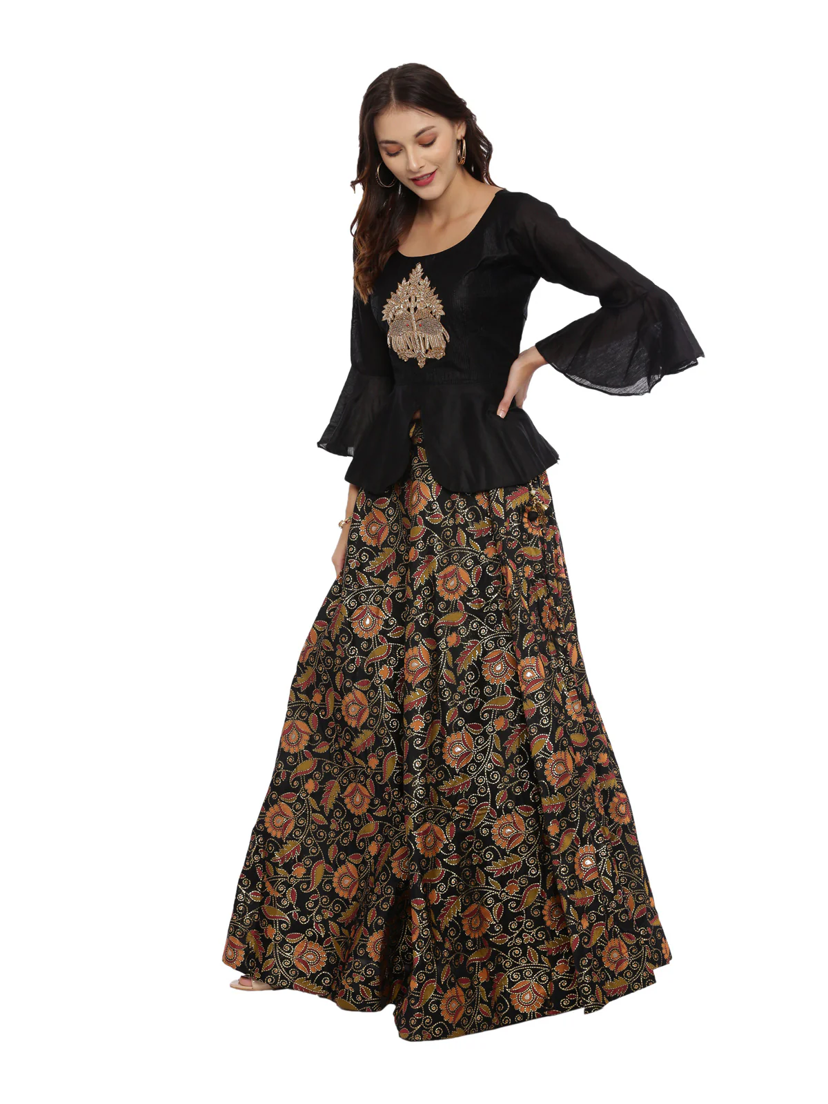 Neerus Black Color Chanderi Fabric Full Sleeves Suit-Peplum - Image 5
