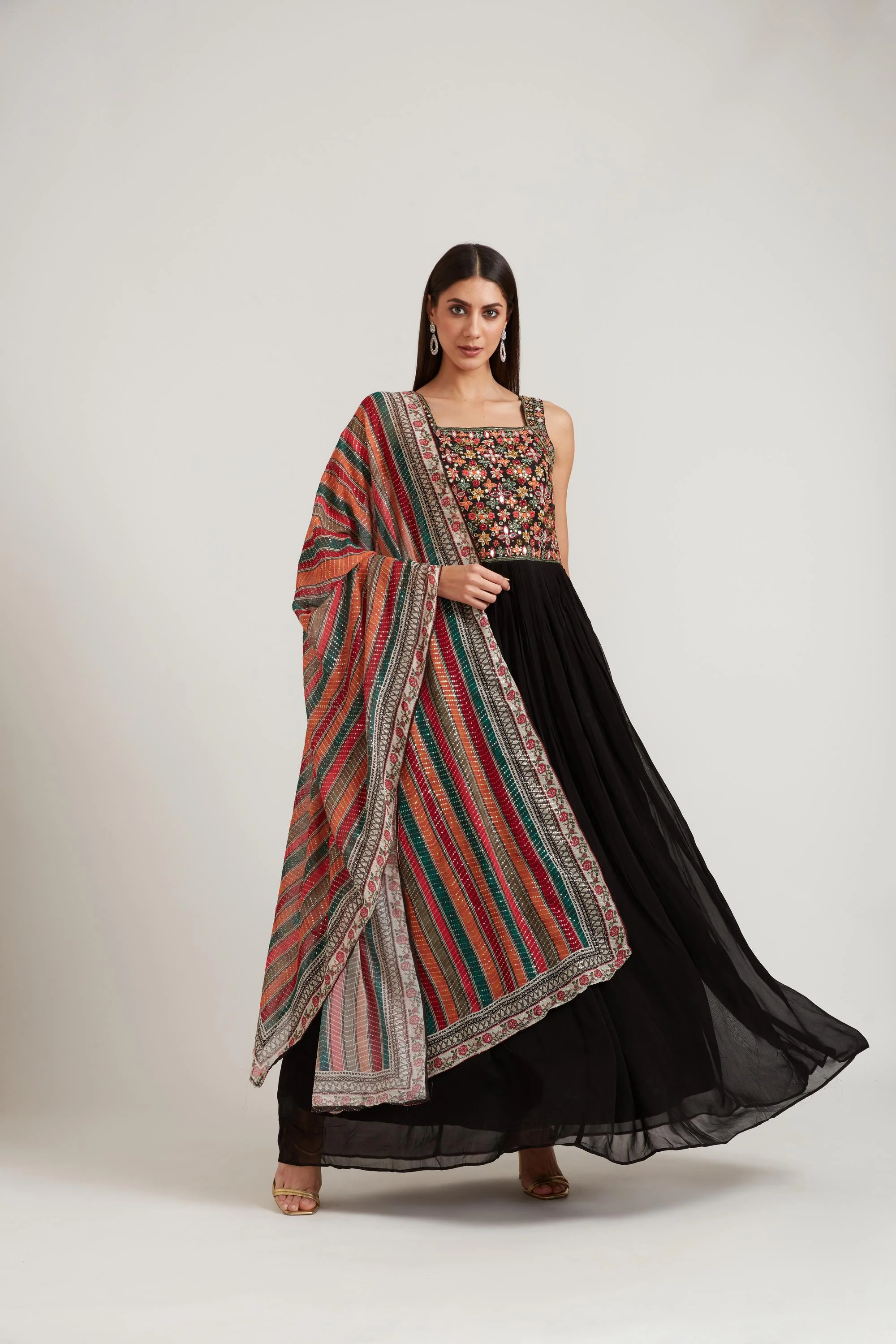 Neerus Black Color Georgette Fabric Anarkali Suit