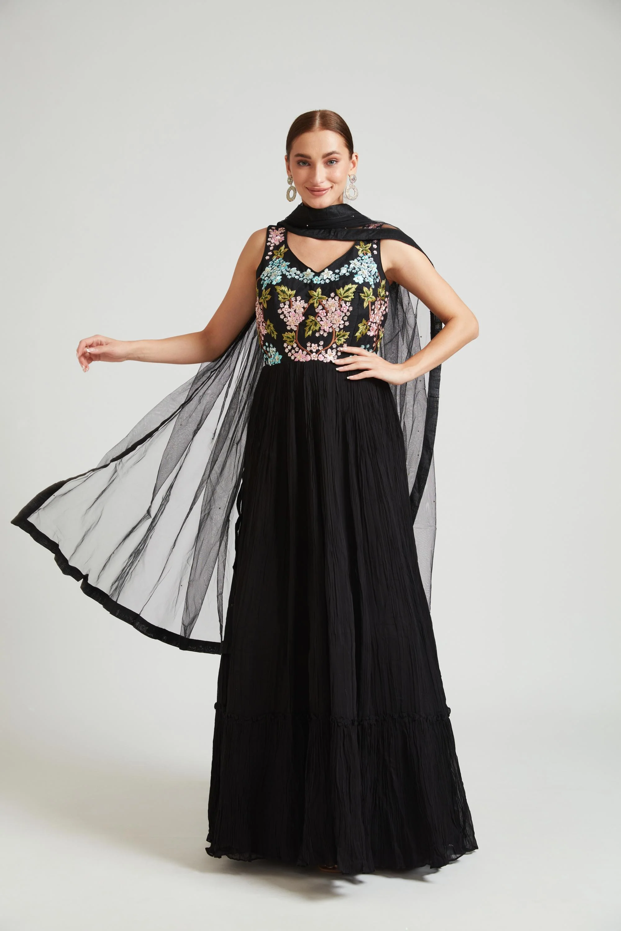 Neerus Black Color Georgette Fabric Kurta Set