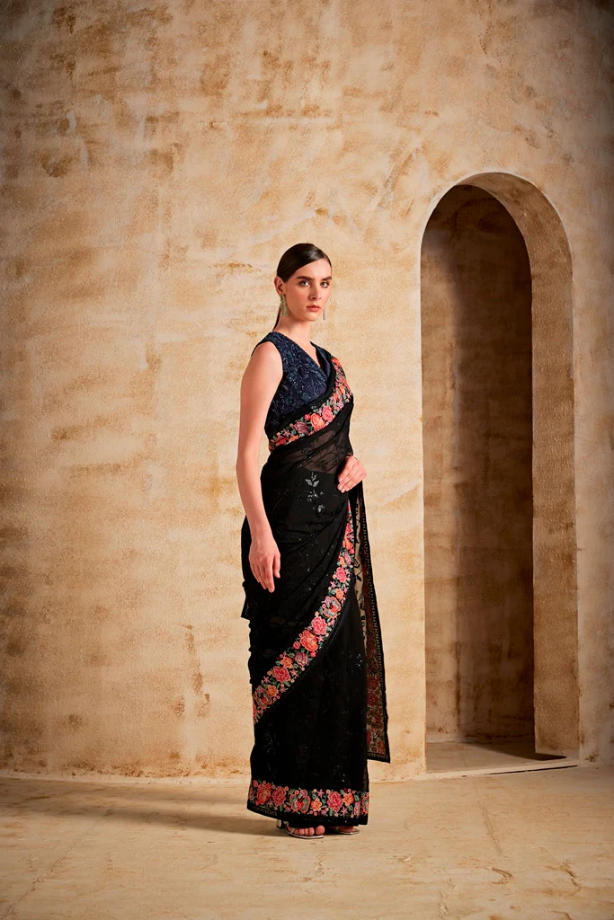 Neerus Black Color Georgette Fabric Saree - Image 2