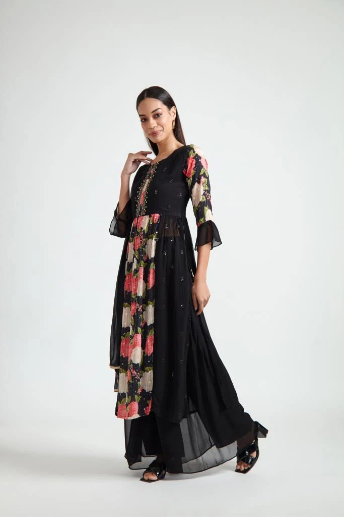 Neerus Black Color Georgette Fabric Suit Set - Image 2