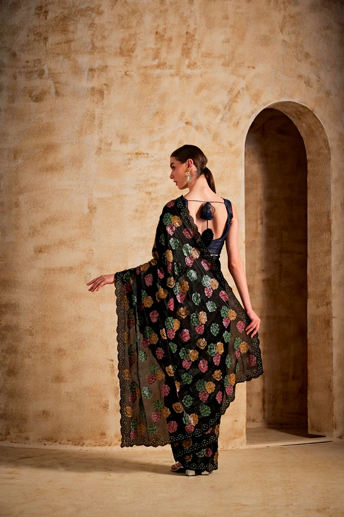 Neerus Black Color Jimmy Choo Fabric Saree - Image 4