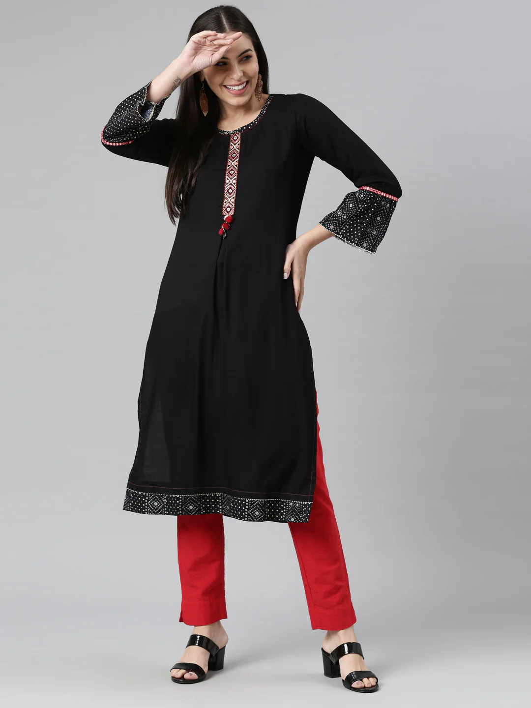 Neerus Black Color Rayon Fabric Kurta - Image 5