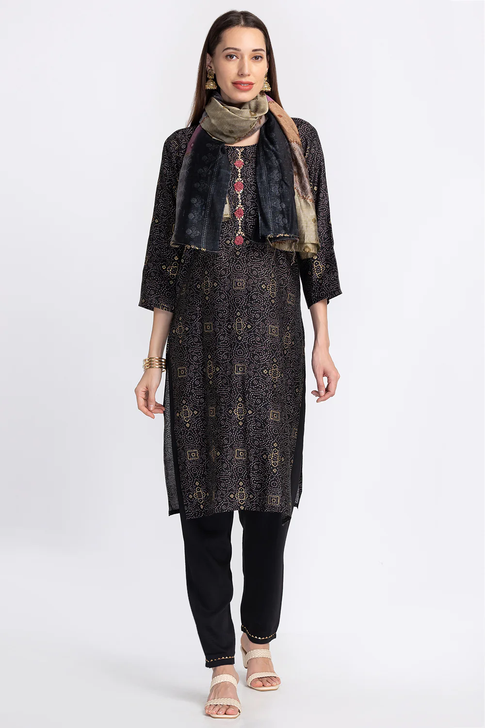 Neerus Black Color Rayon Fabric Readymade Suits