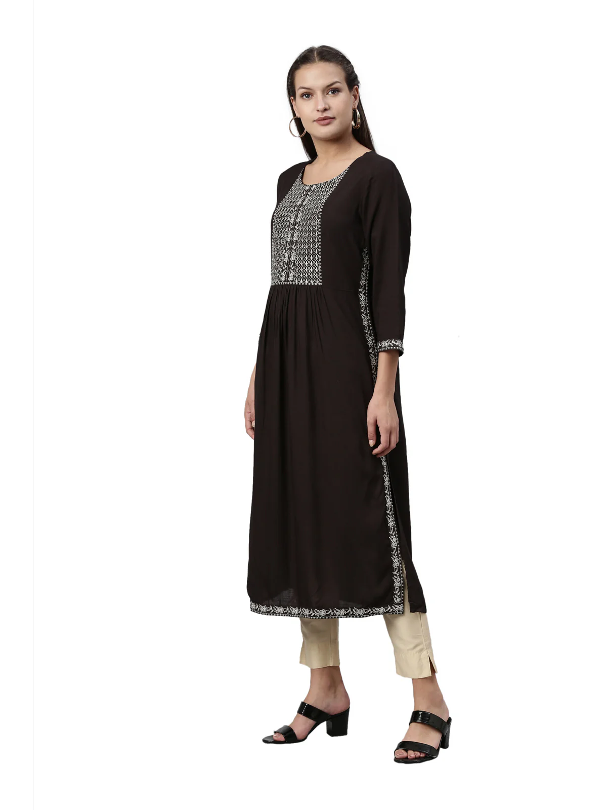 Neerus Black Color Slub Rayon Fabric Kurta - Image 3