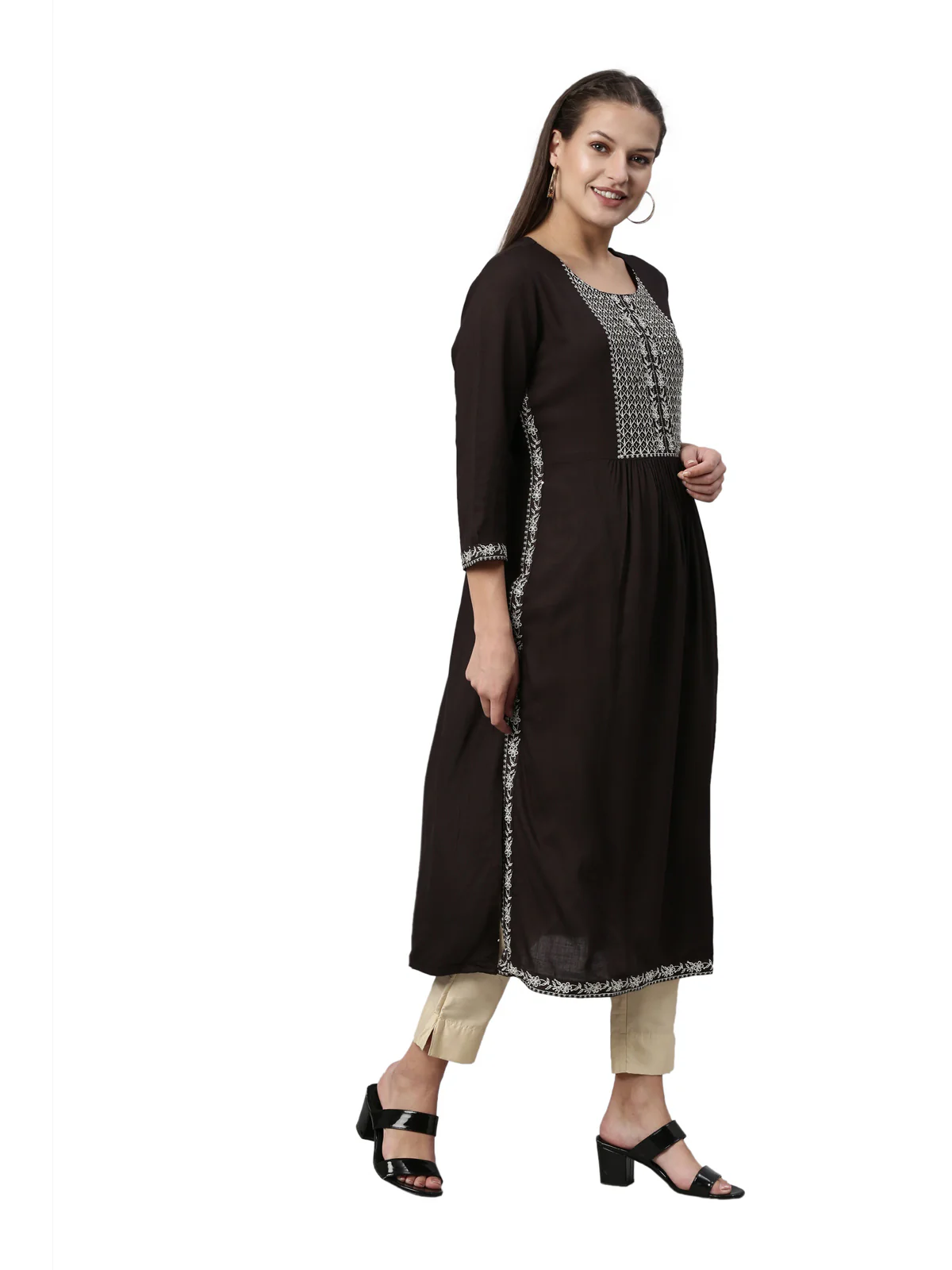 Neerus Black Color Slub Rayon Fabric Kurta - Image 4