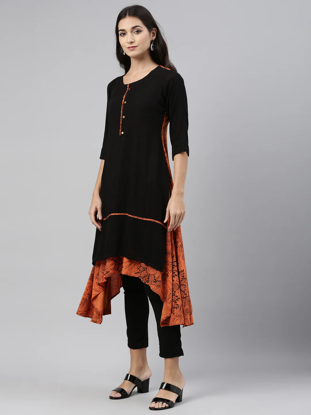 Neerus Black Color Slub Riyon Fabric Kurtha