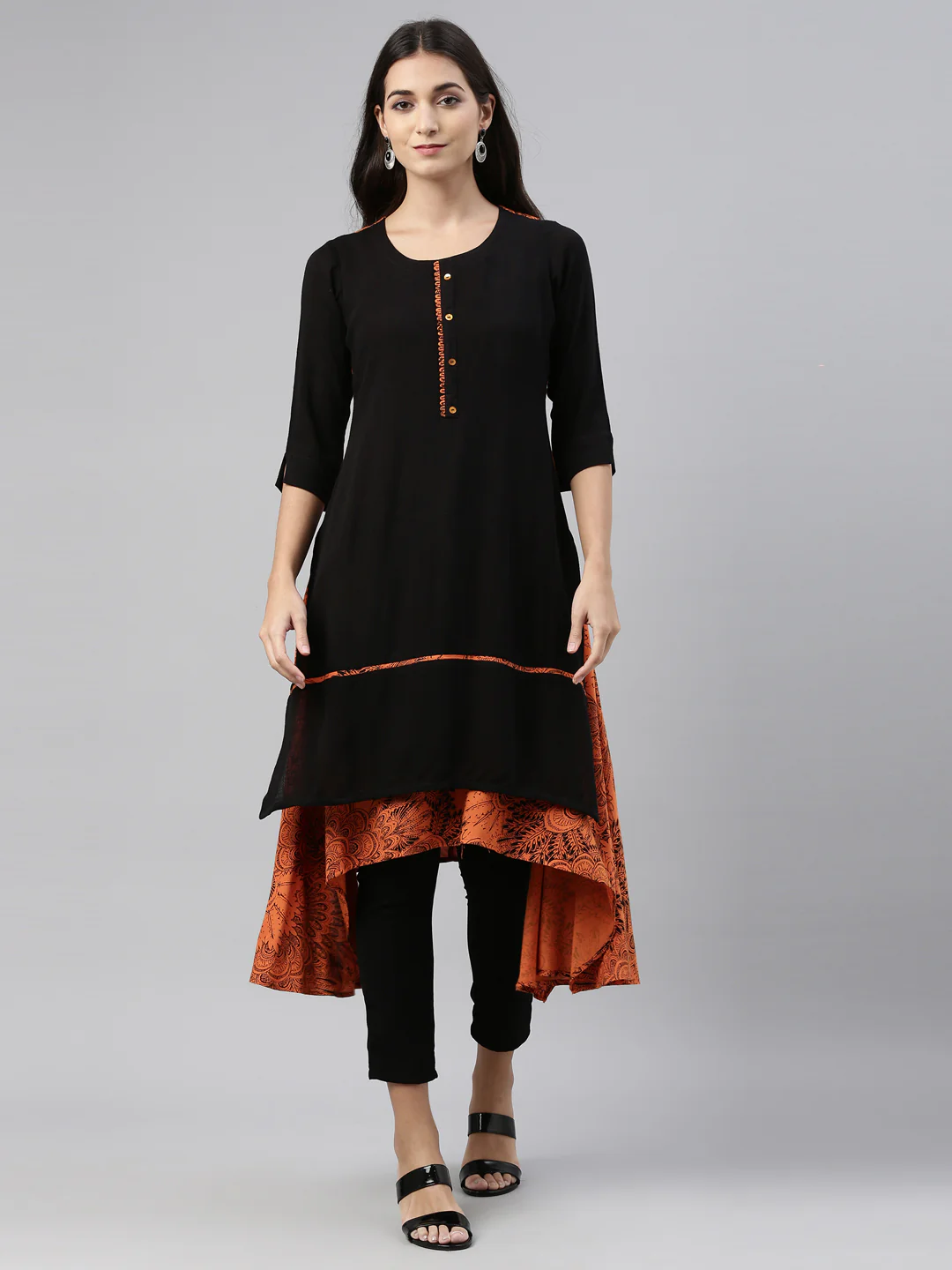 Neerus Black Color Slub Riyon Fabric Kurtha - Image 6