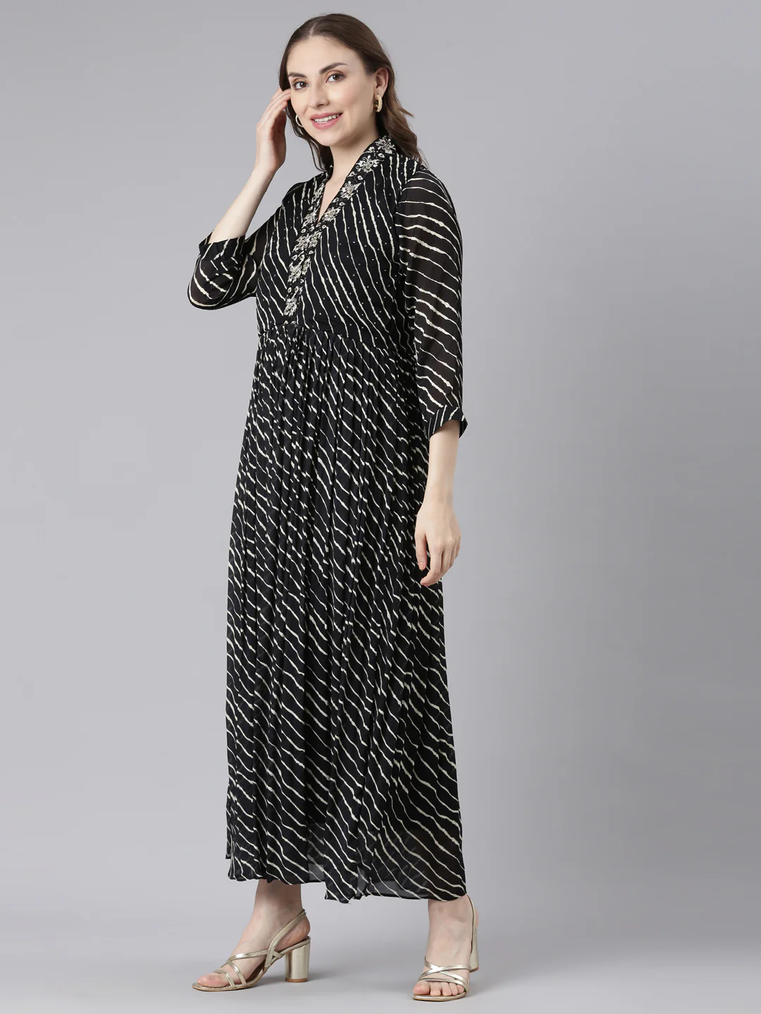 Neerus Black Cotton Straight Casual Ethnic Motifs Maxi Dresses - Image 2