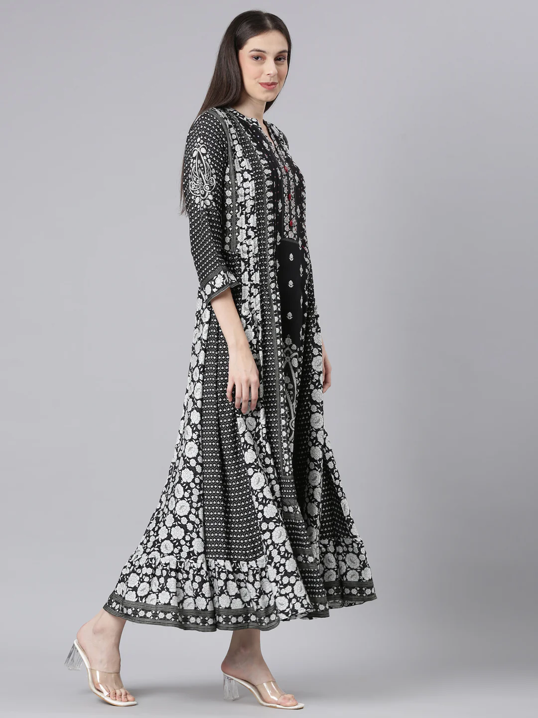 Neerus Black Curved Casual Floral Dresses. - Image 2
