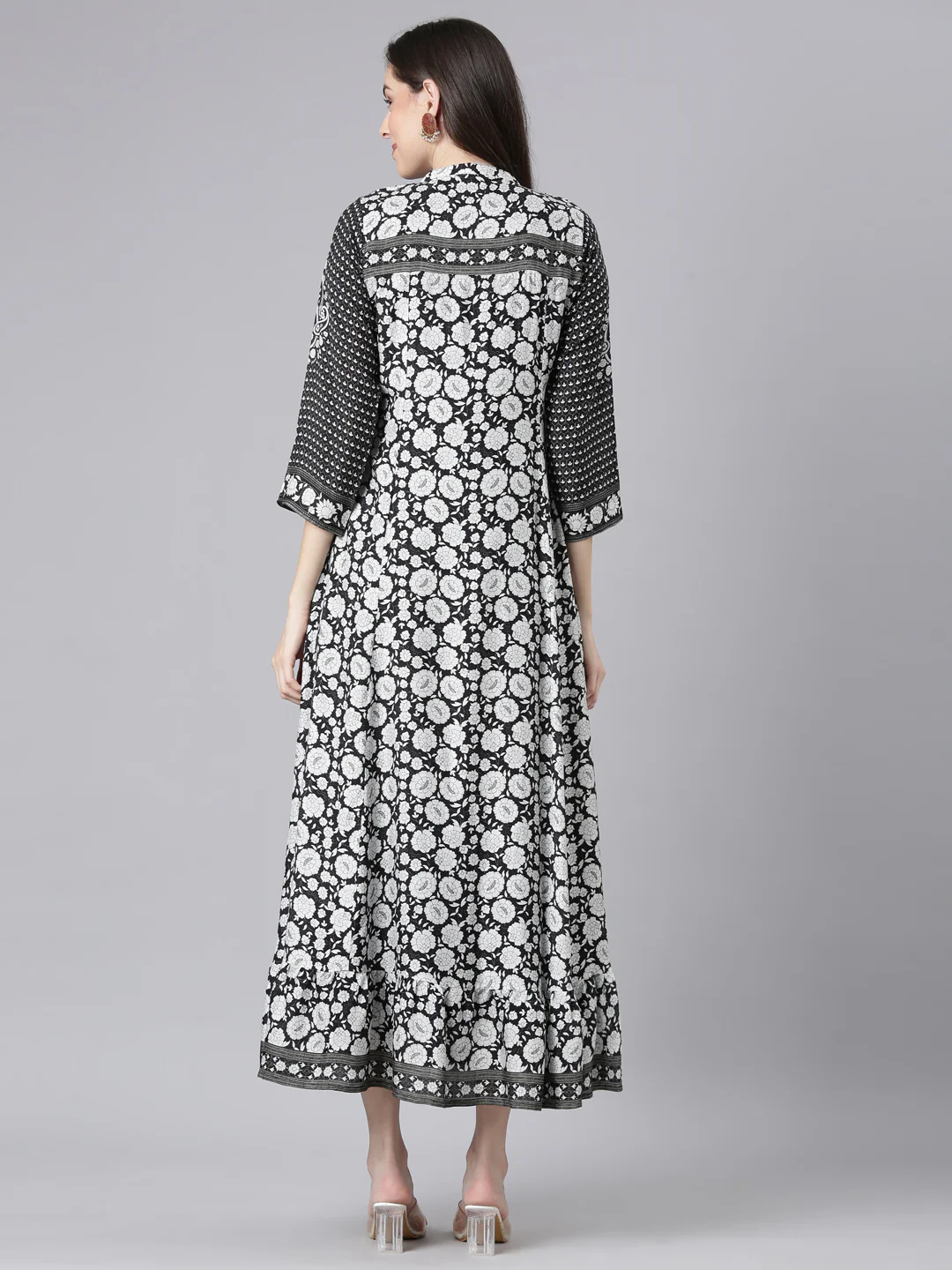 Neerus Black Curved Casual Floral Dresses. - Image 3