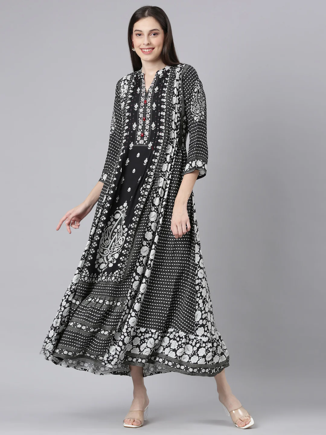 Neerus Black Curved Casual Floral Dresses. - Image 5