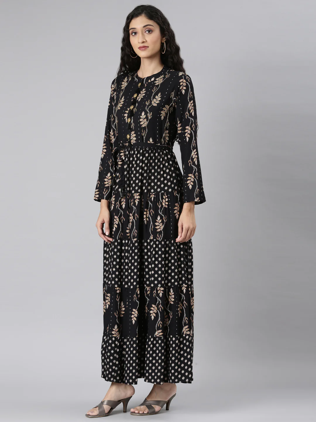 Neerus Black Curved Casual Floral Maxi Dresses - Image 2
