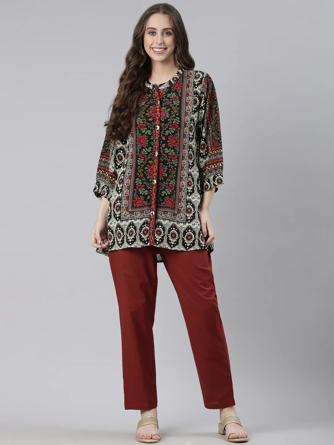 Neerus Black Curved Floral Casual Kurti - Image 5
