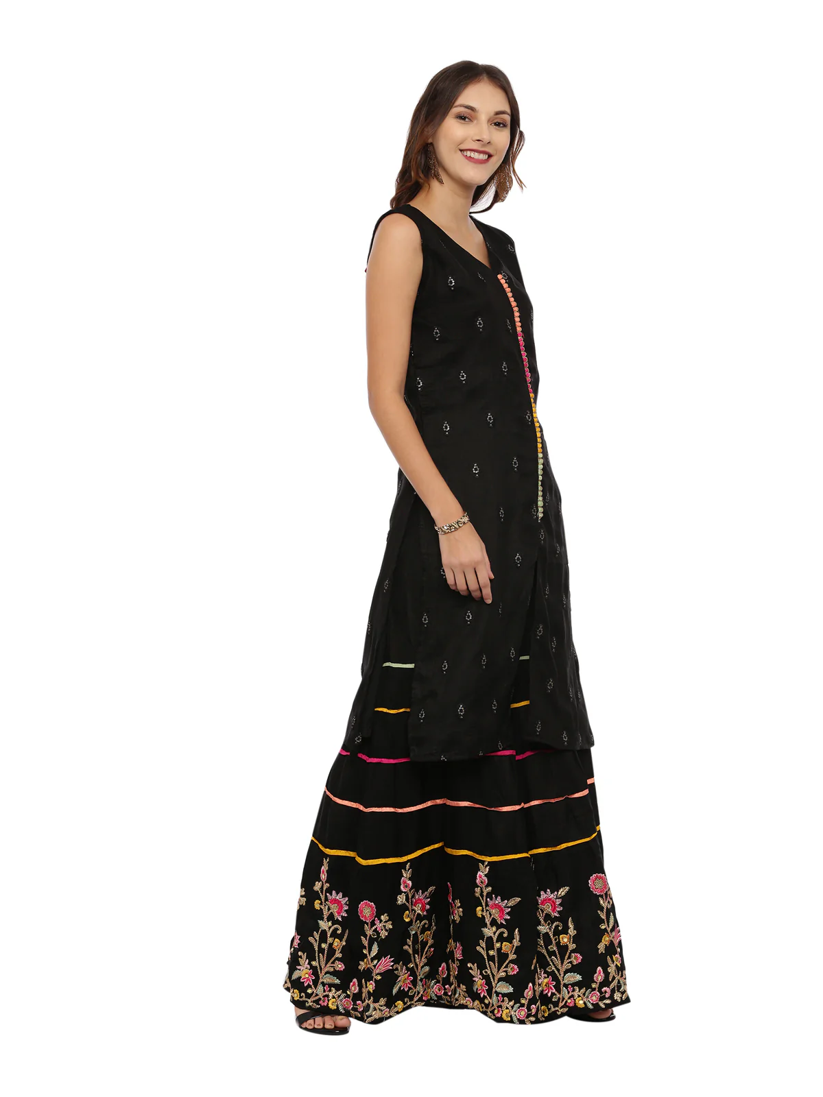 Neerus Black Embellished Kurta With Skirt & Dupatta - Image 3