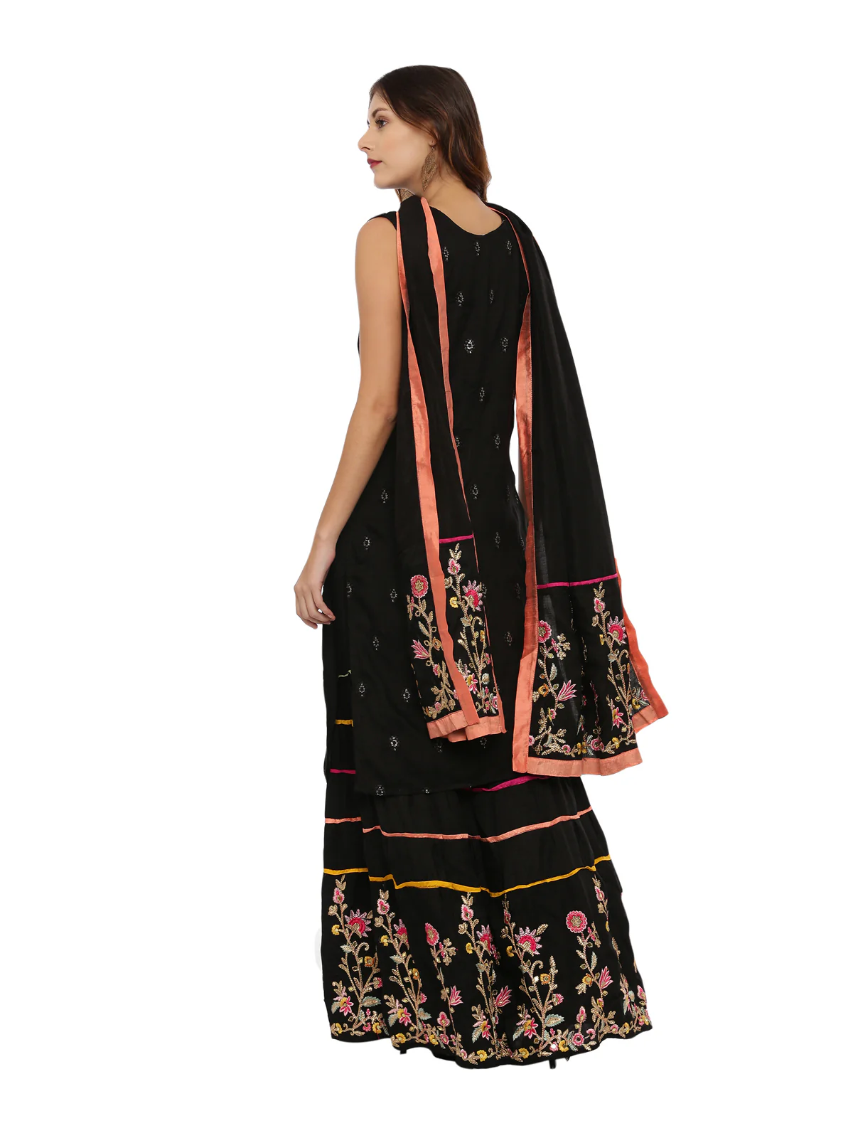 Neerus Black Embellished Kurta With Skirt & Dupatta - Image 4