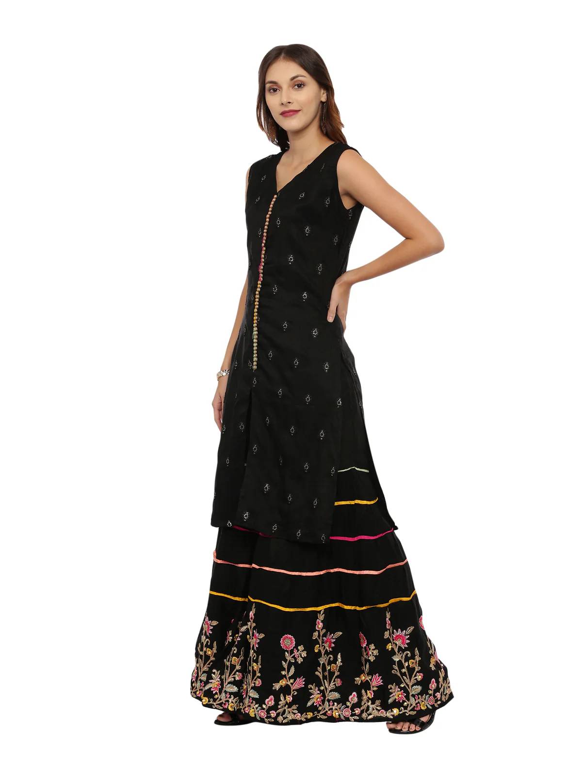 Neerus Black Embellished Kurta With Skirt & Dupatta - Image 5