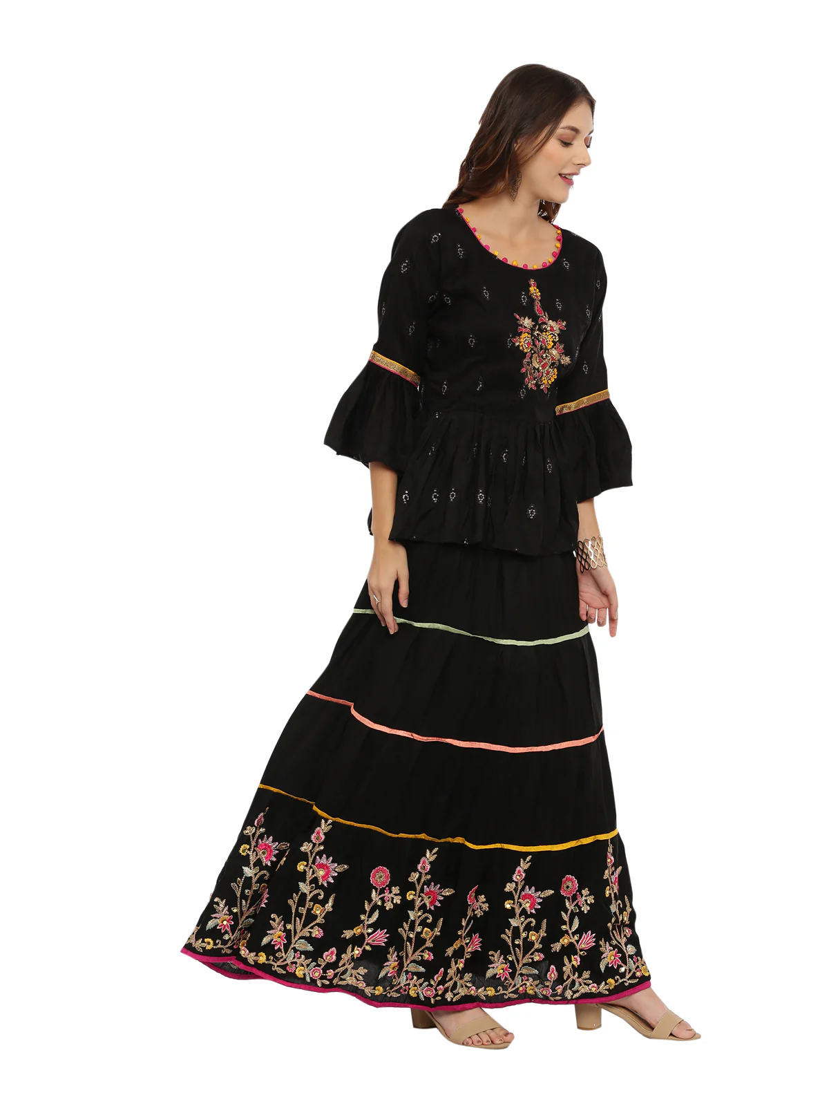 Neerus Black Embellished Kurti With Skirt & Dupatta - Image 3