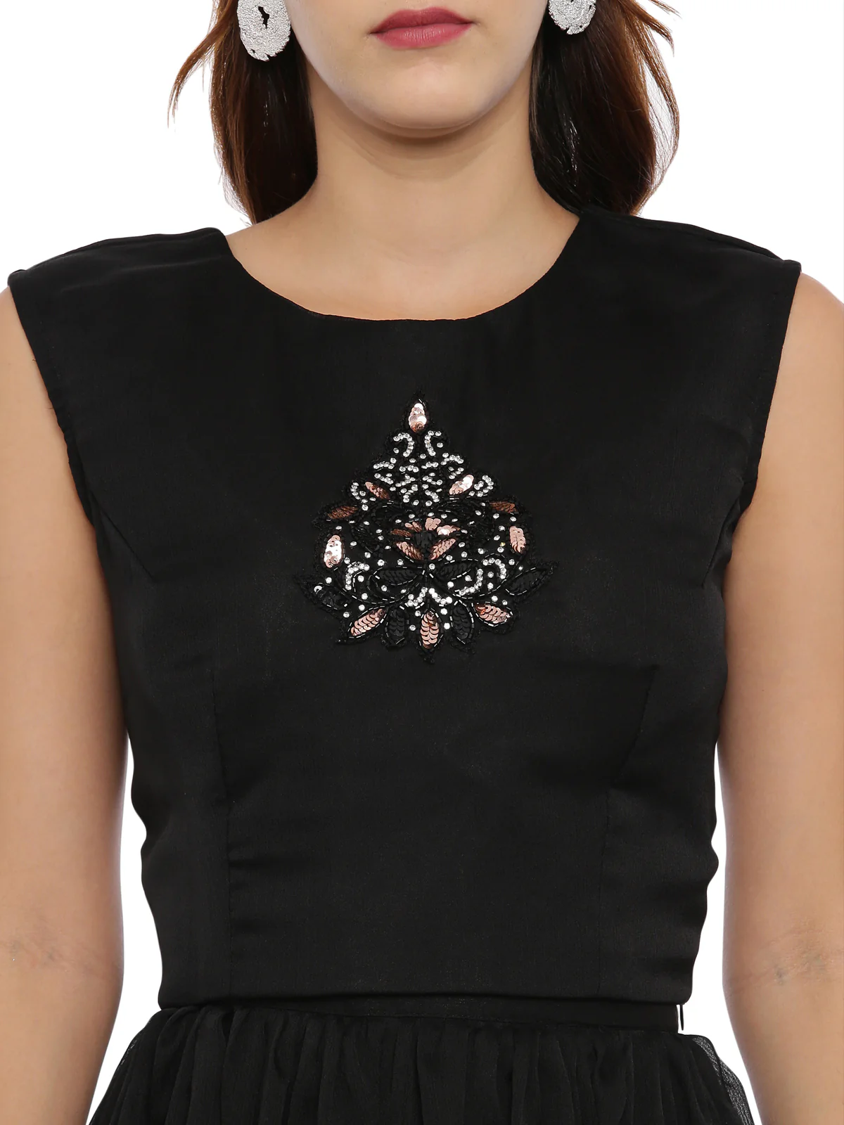 Neerus Black Embellished Top & Skirt Set With Jacket - Image 2