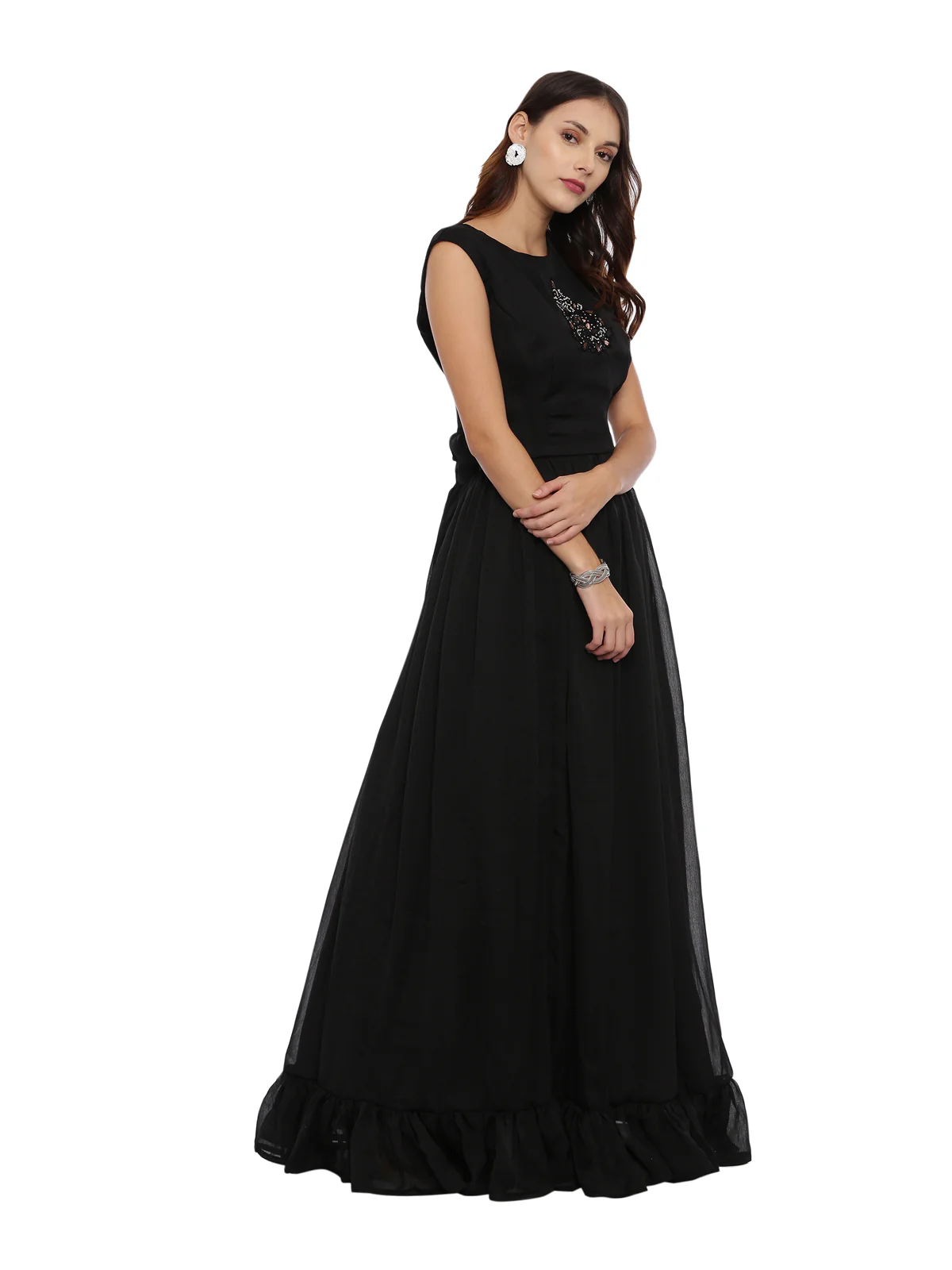 Neerus Black Embellished Top & Skirt Set With Jacket - Image 3