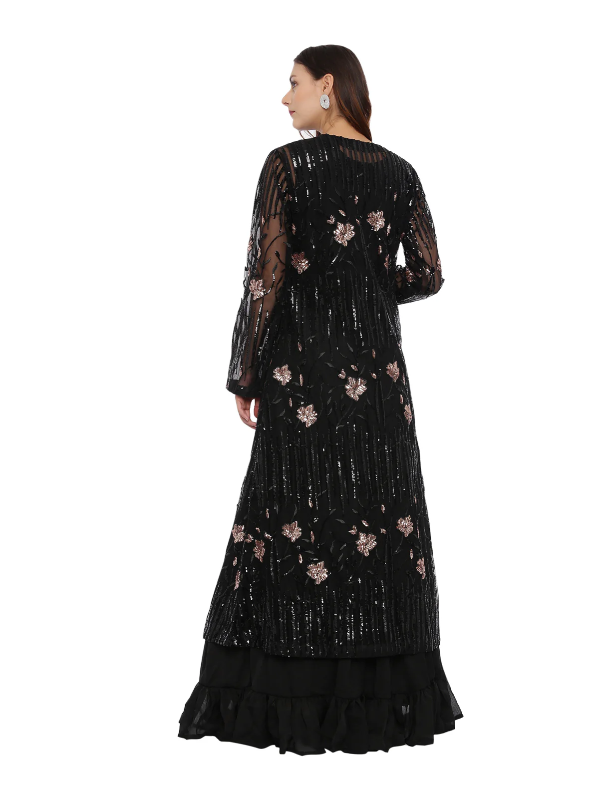 Neerus Black Embellished Top & Skirt Set With Jacket - Image 4