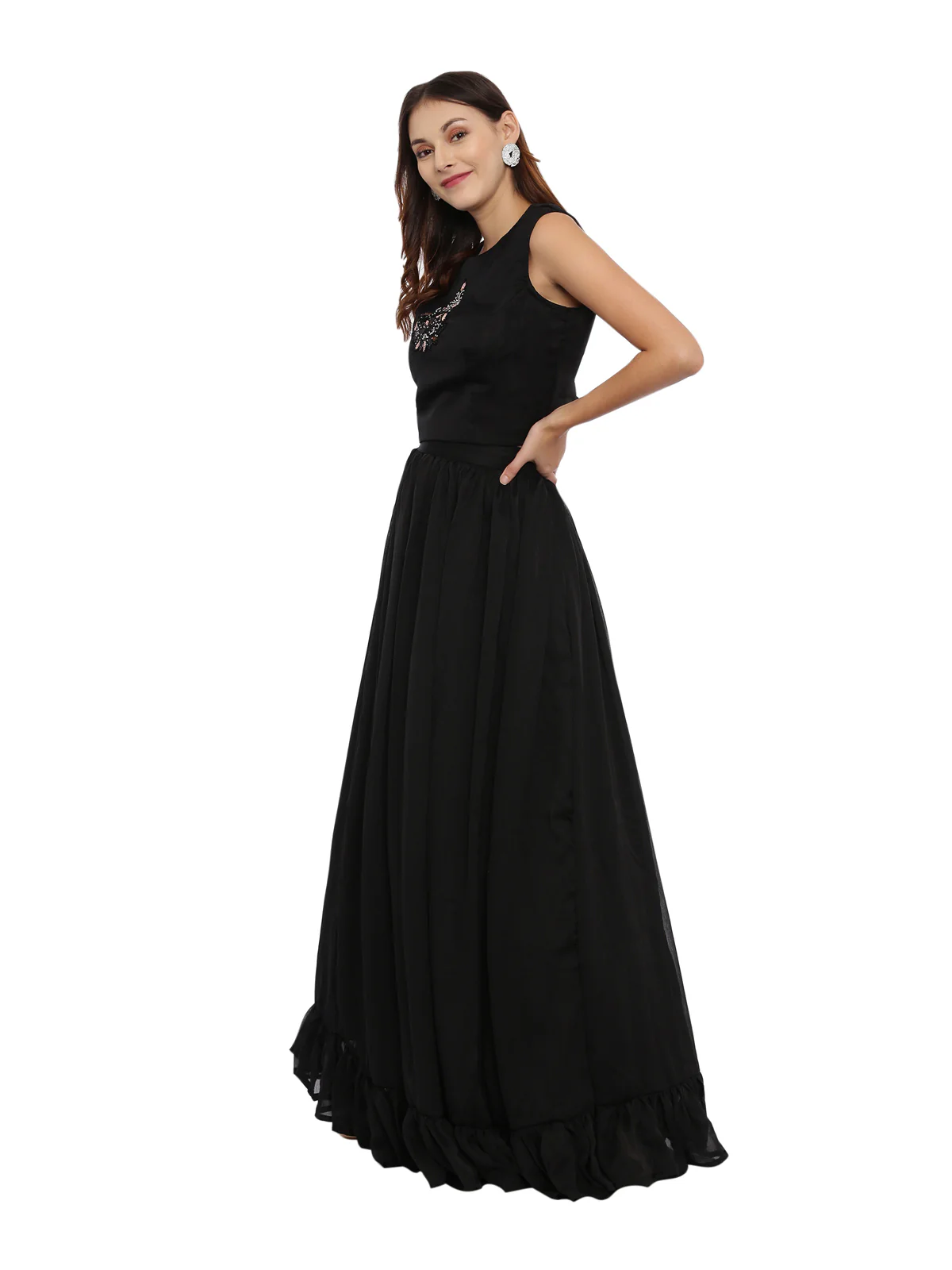 Neerus Black Embellished Top & Skirt Set With Jacket - Image 5