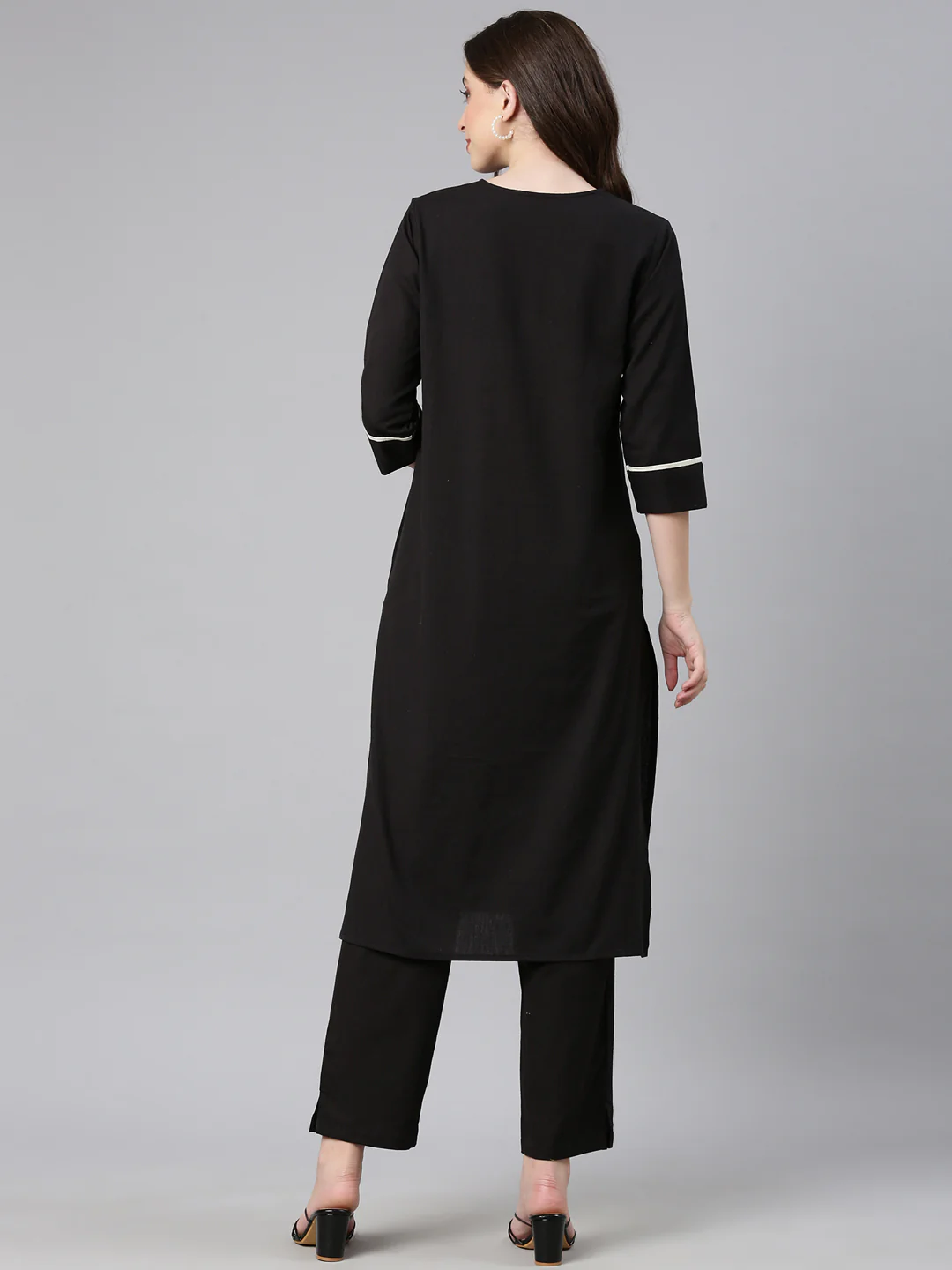 Neerus Black Embroidered Straight Kurta and Trousers - Image 3
