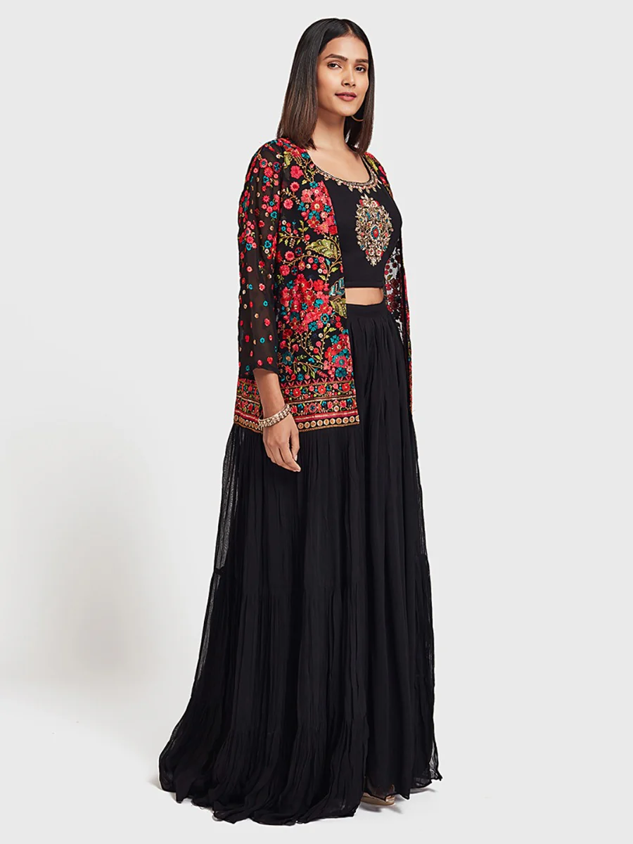 Neerus Black Embroidered Top & Skirt Set With Shrug - Image 2