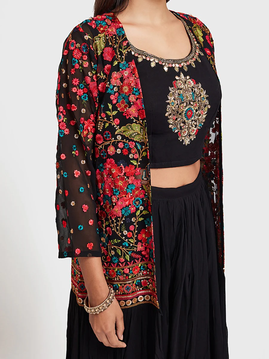 Neerus Black Embroidered Top & Skirt Set With Shrug - Image 3