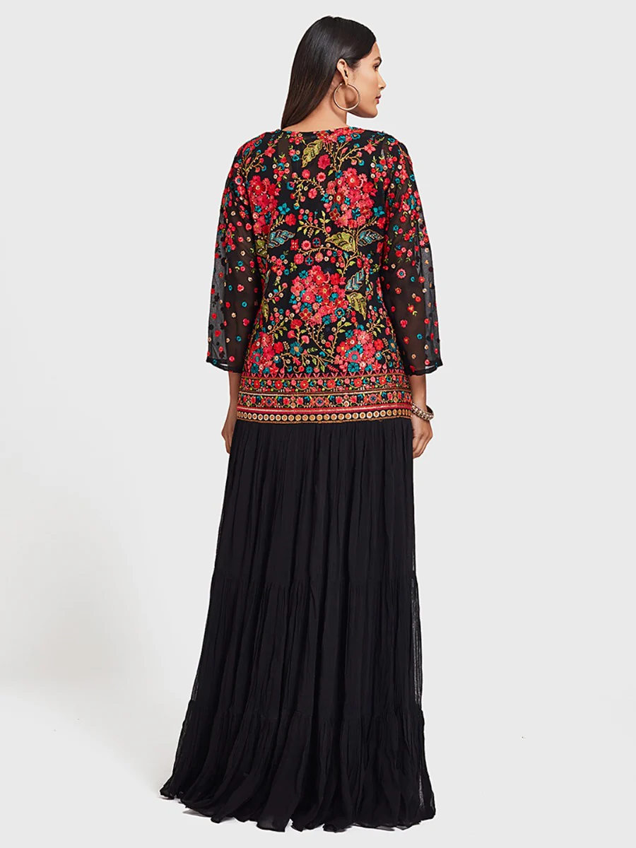 Neerus Black Embroidered Top & Skirt Set With Shrug - Image 6