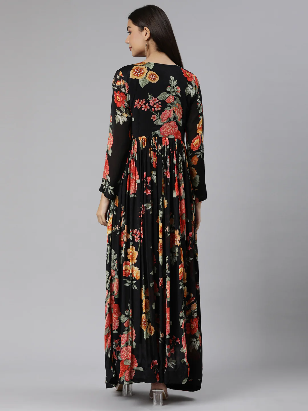 Neerus Black Flared Casual Floral Dresses - Image 3