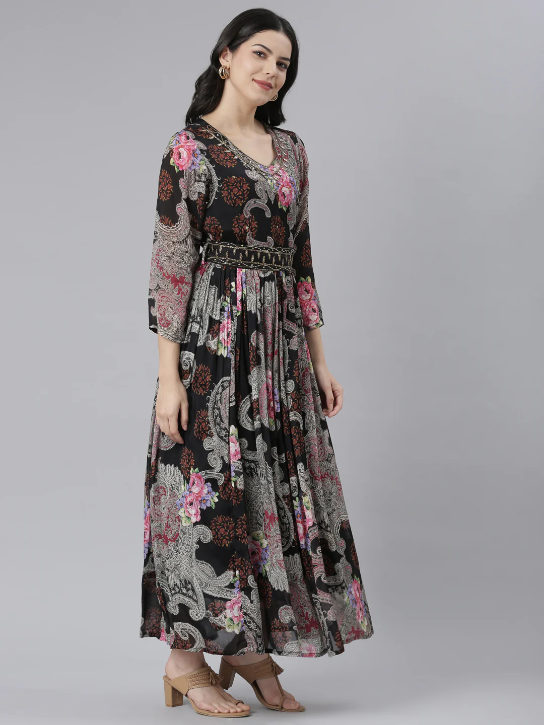 Neerus Black Flared Casual Floral Dresses - Image 2