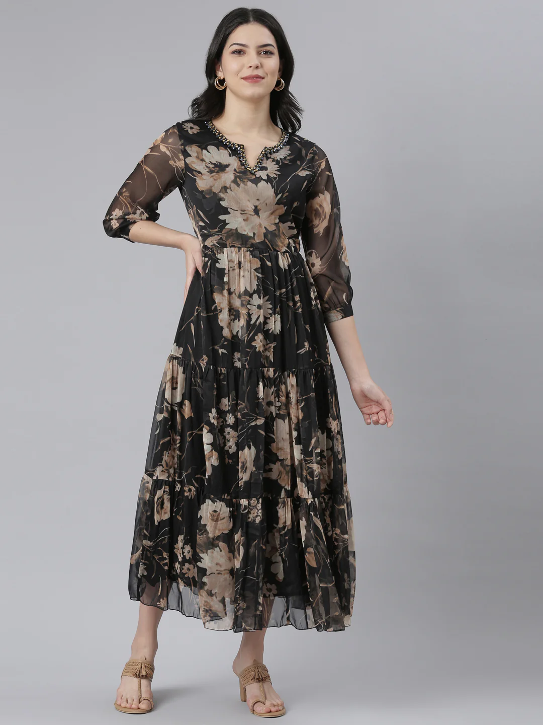 Neerus Black Flared Casual Floral Dresses
