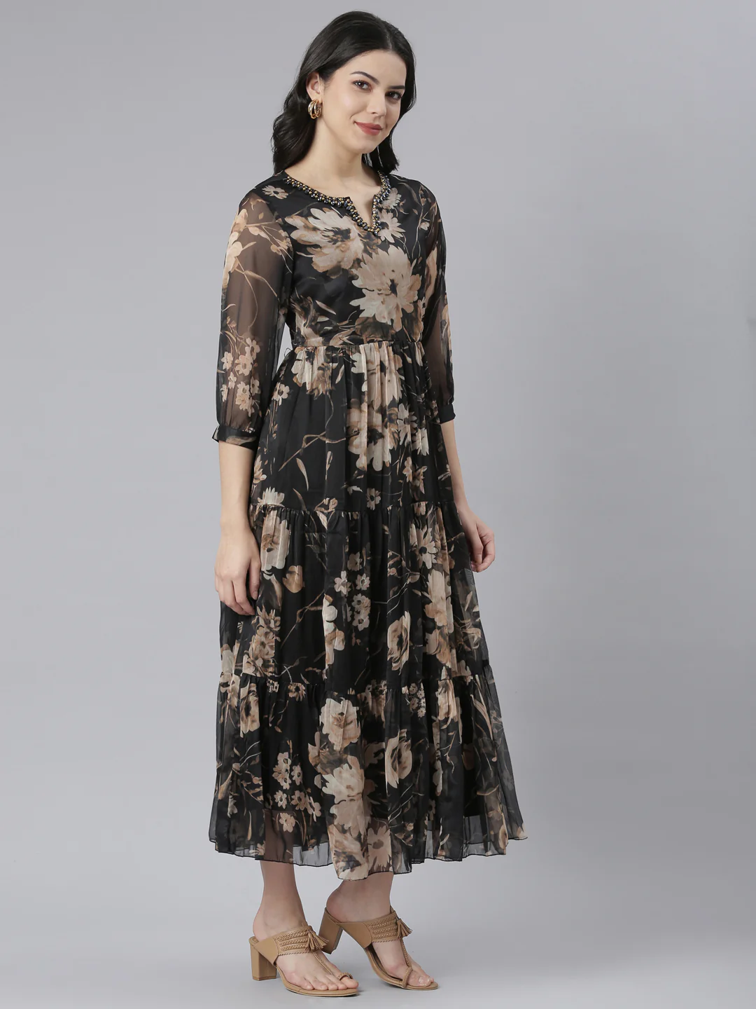 Neerus Black Flared Casual Floral Dresses - Image 2