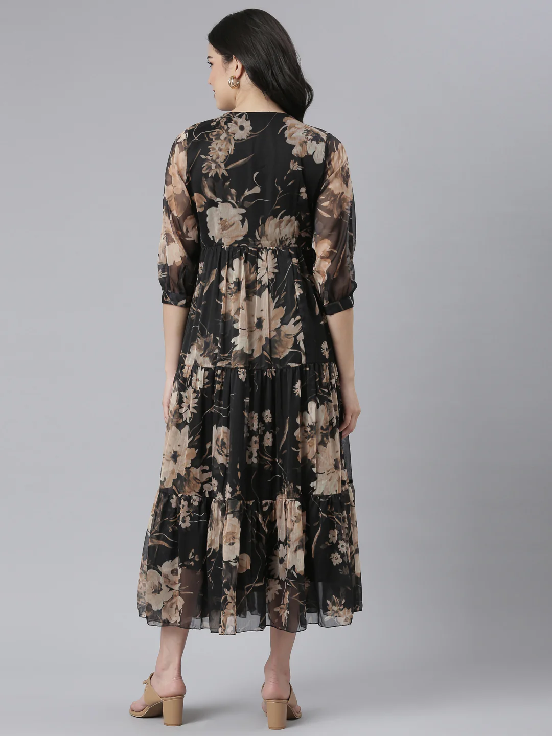 Neerus Black Flared Casual Floral Dresses - Image 3