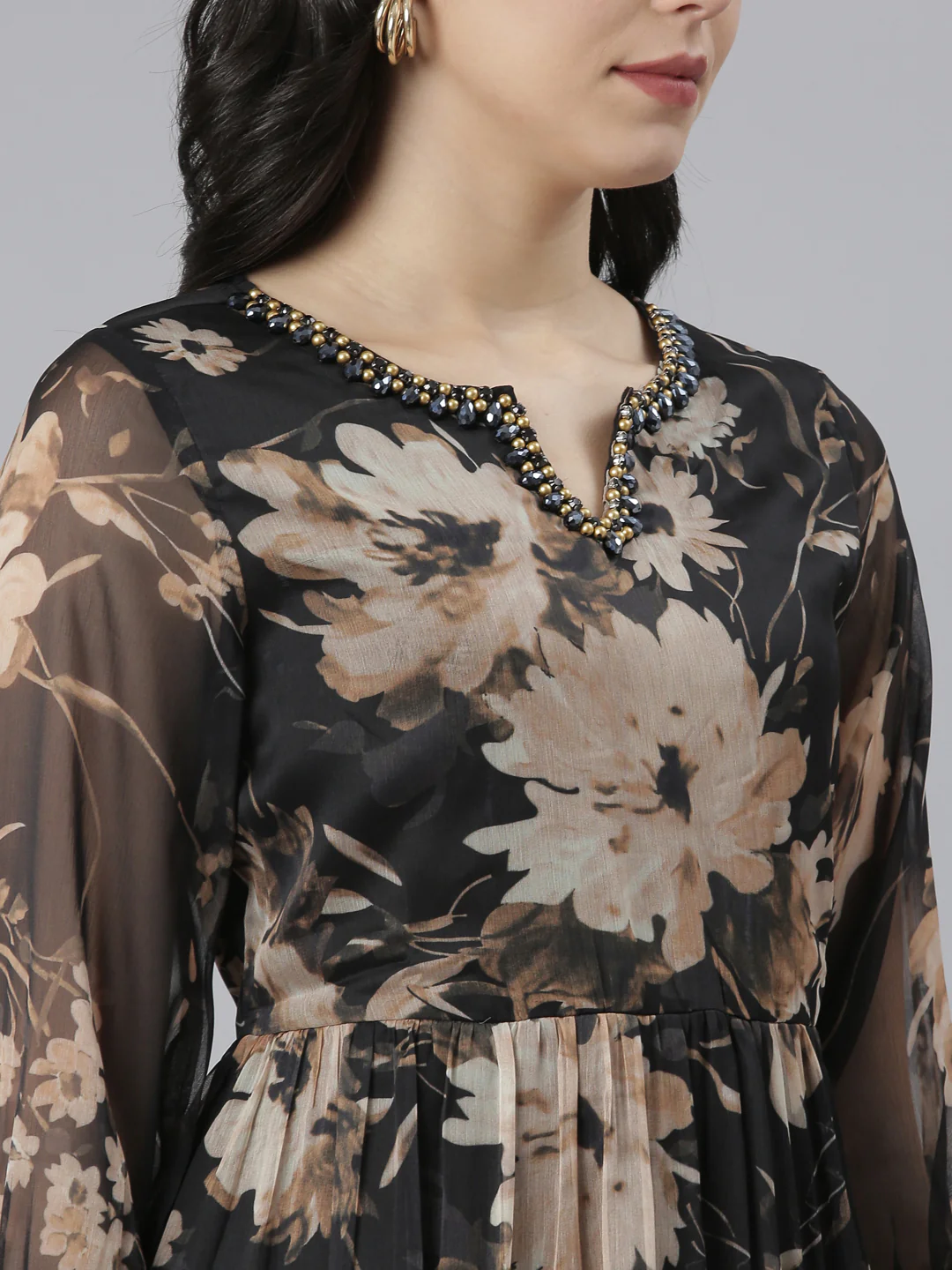 Neerus Black Flared Casual Floral Dresses - Image 5
