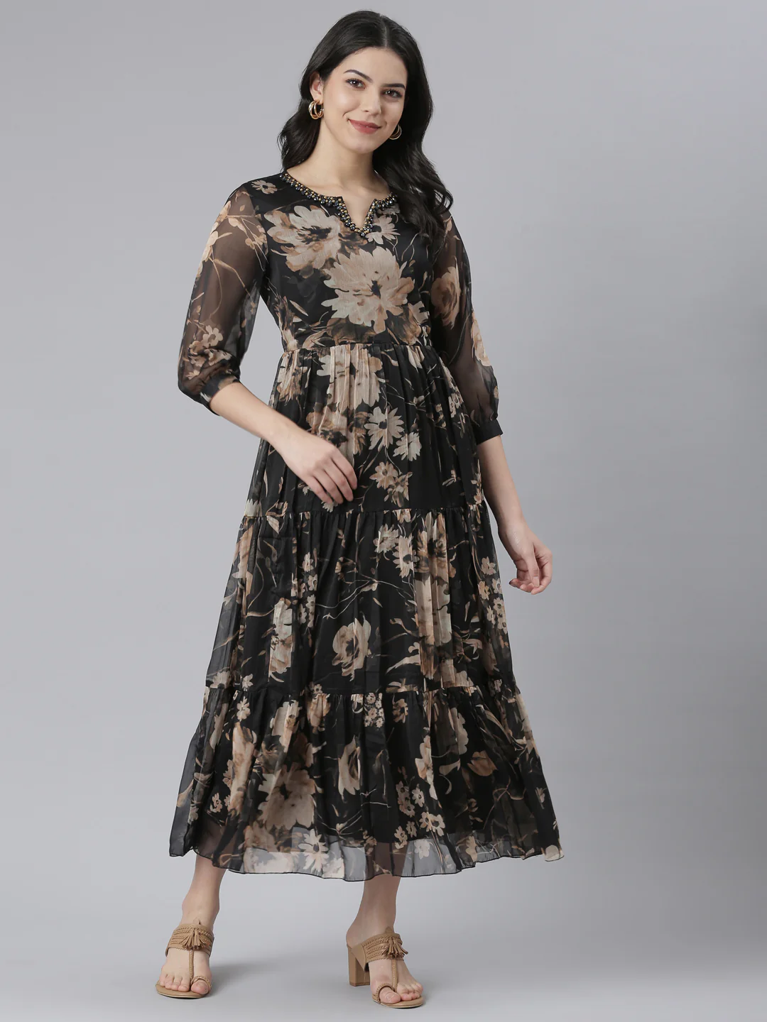 Neerus Black Flared Casual Floral Dresses - Image 6