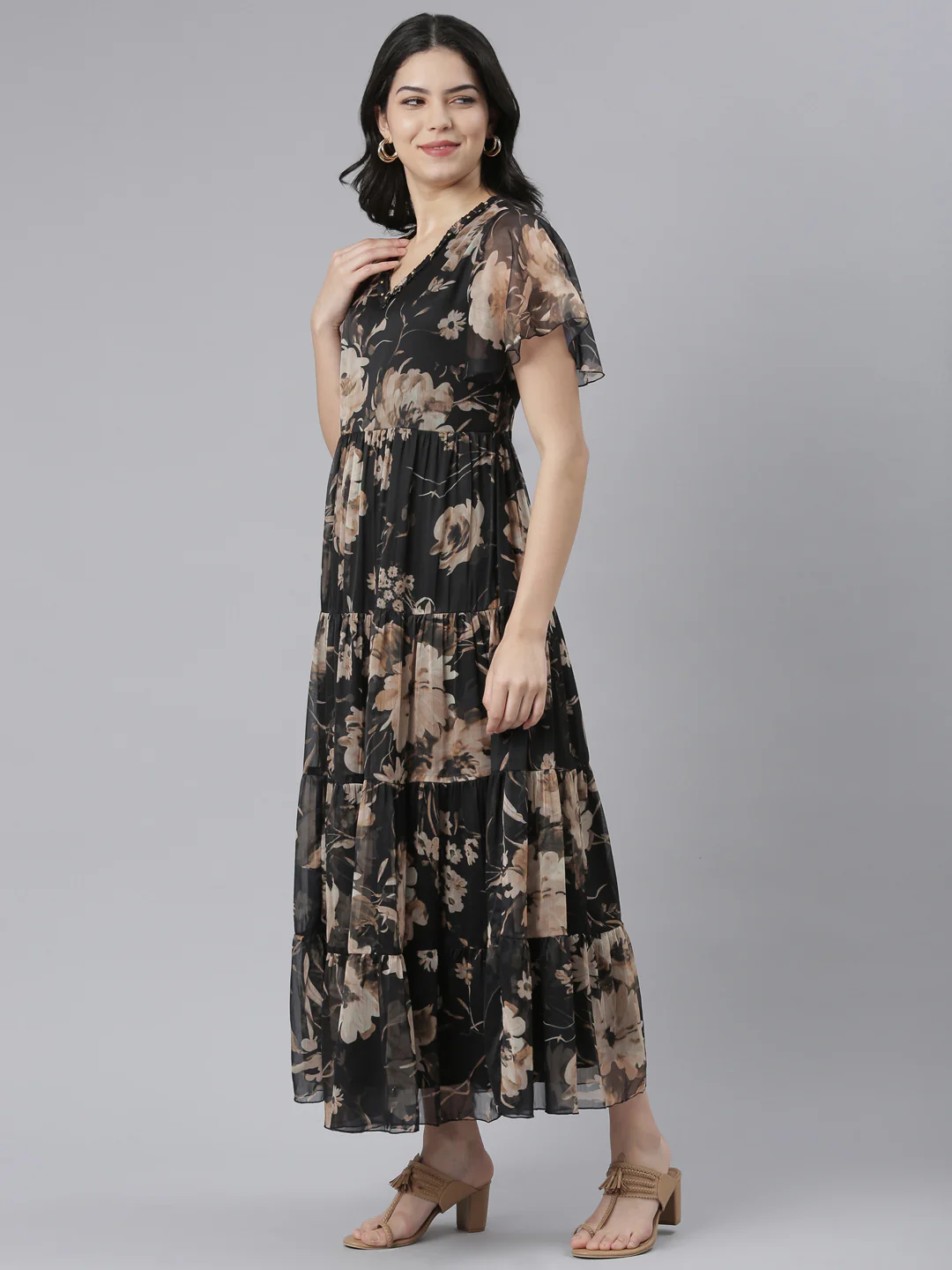 Neerus Black Flared Casual Floral Dresses - Image 2
