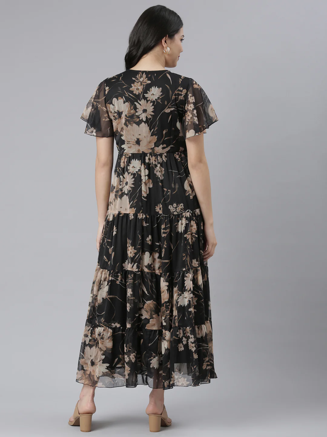 Neerus Black Flared Casual Floral Dresses - Image 3
